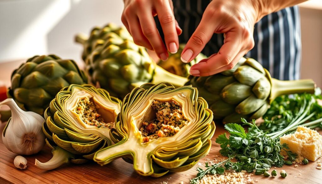 Do you boil artichokes before stuffing them