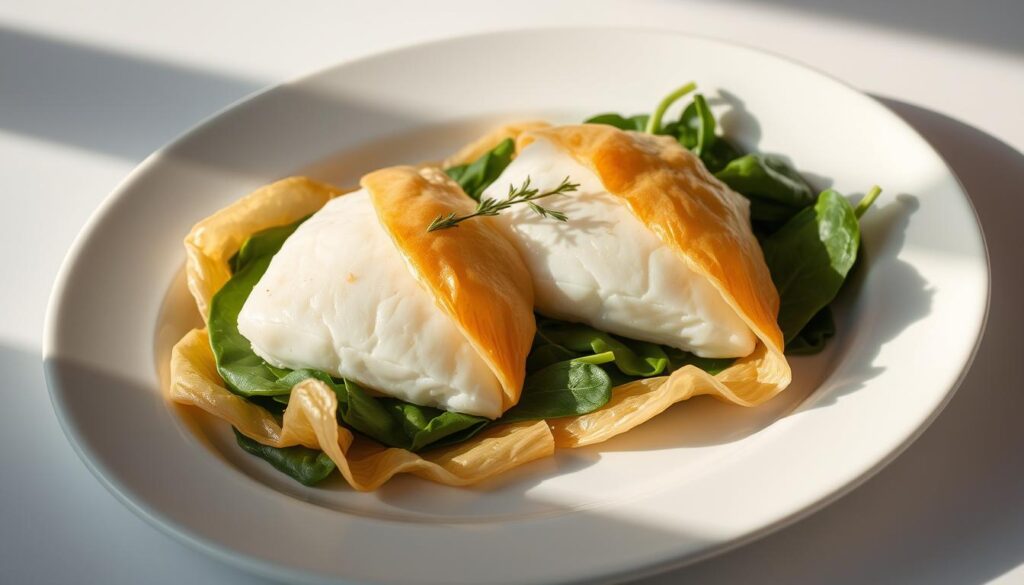 Halibut and Spinach Wrapped in Filo Dish